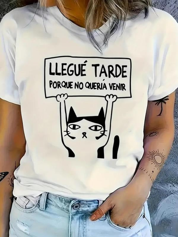 Women's Cartoon Cat & Letter Print Round Neck Tee, Fashion Casual Crew Neck Short Sleeve T-Shirt for Daily Holiday...