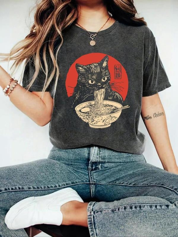 Women's Cartoon Cat & Ramen Noodles Print Round Neck Tee, Vintage Trendy Casual Short Sleeve T-shirt for Daily Wear,...