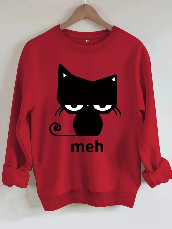 Women's Cartoon Cat Pattern Casual Round Neck Sweatshirt, Soft Pullover, Fall & Winter Essential, Comfortable Fabric...