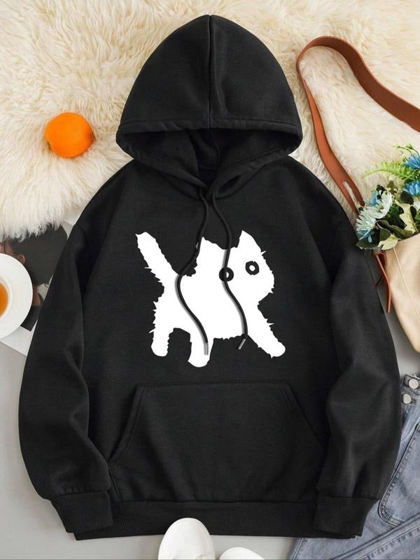 Women's Cartoon Cat Print Drop Shoulder Drawstring Hoodie, Fashion Casual Pocket Hooded Sweatshirt for Daily Holiday...