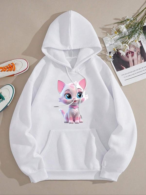 Women's Cartoon Cat Print Drop Shoulder Hoodie, Fashion Casual Drawstring Kangaroo Pocket Hooded Sweatshirt for Daily...