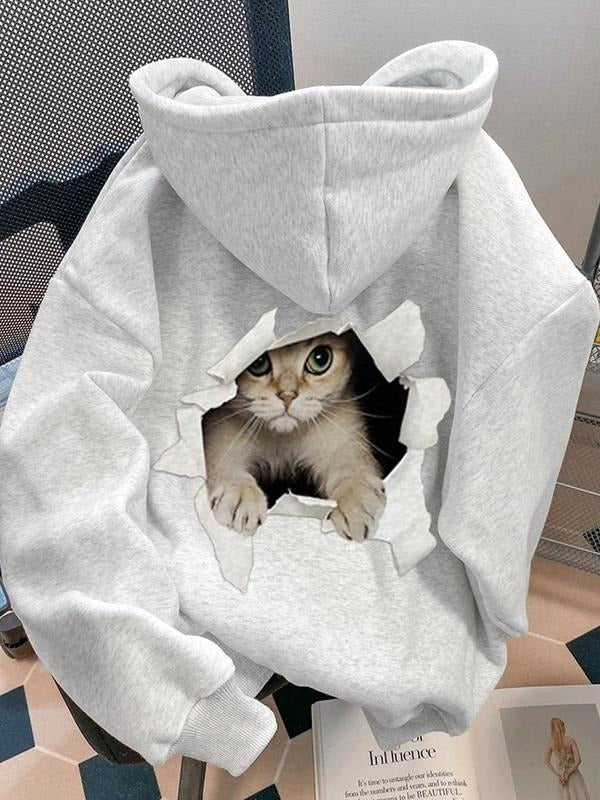 Women's Cartoon Cat Print Hoodie, Fashion Casual Hooded Sweatshirt for Daily Holiday Outdoor Wear, Women Clothing for...