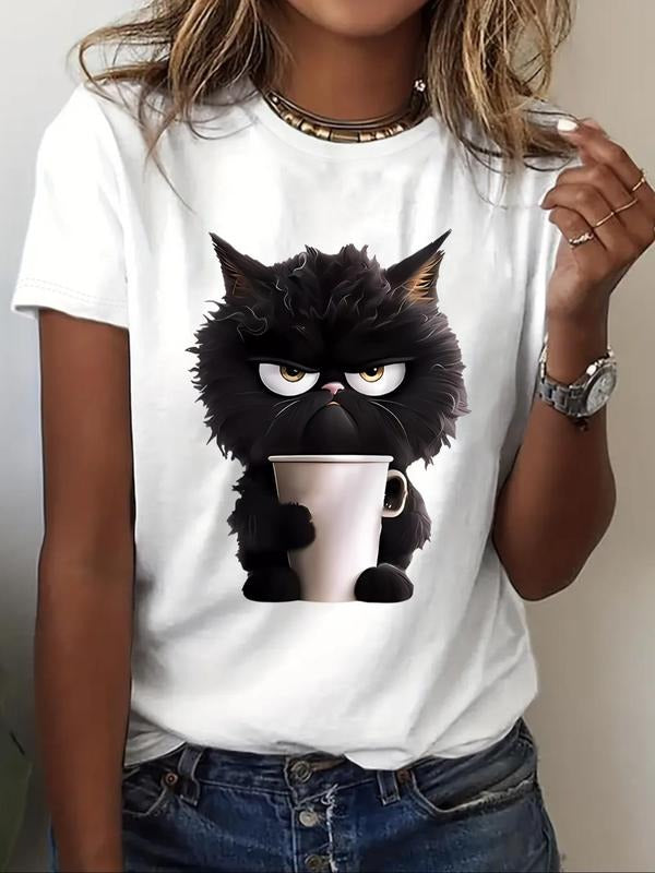 Women's Cartoon Cat Print Round Neck Graphic Tee, Trendy Casual Short Sleeve T-shirt For Daily Wear, Ladies Summer Outfit...