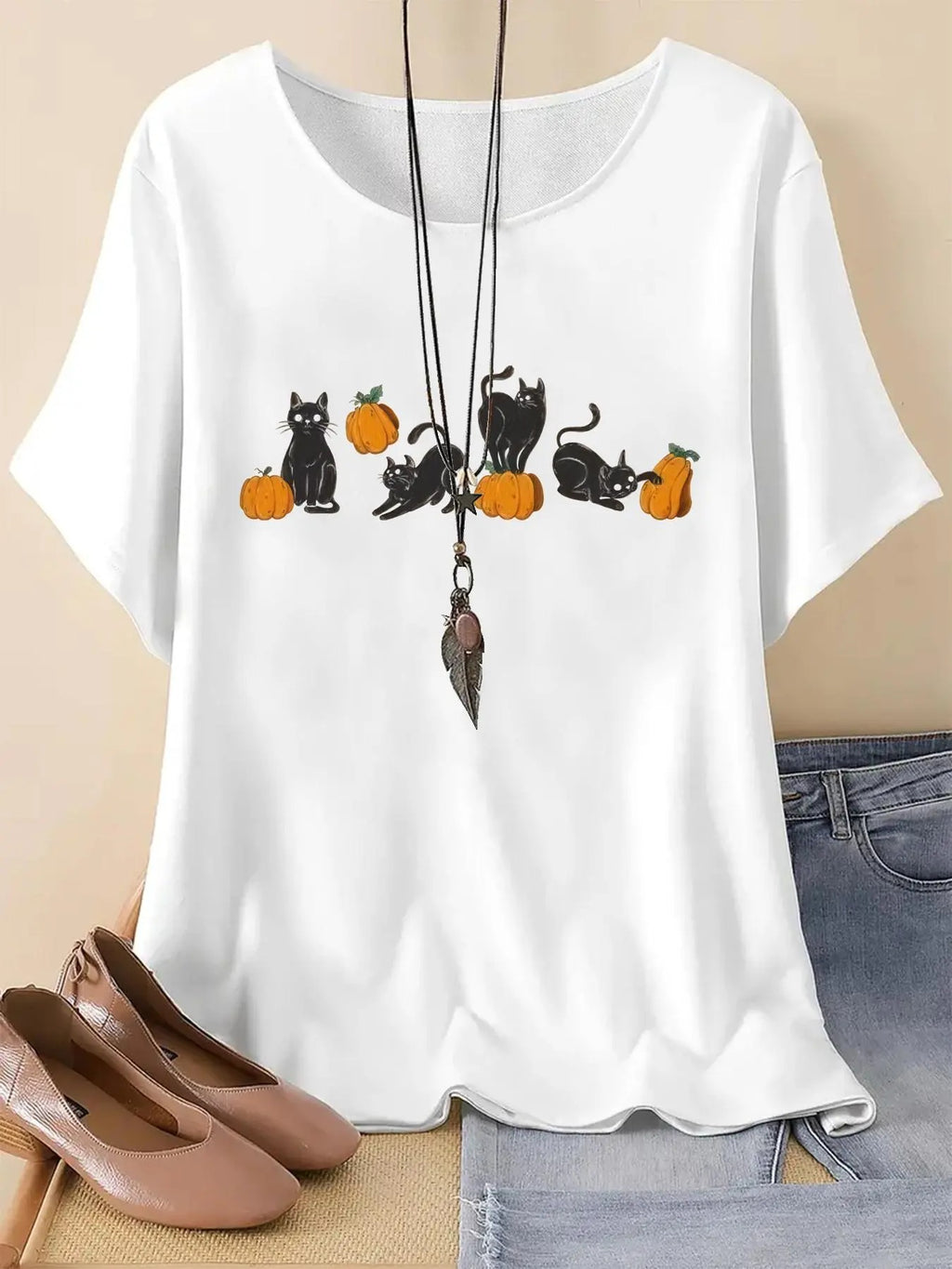 Women's Cartoon Cat Print Round Neck Graphic Tee, Vintage Trendy Casual Drop Shoulder Half Sleeve T-shirt For Daily Wear,...