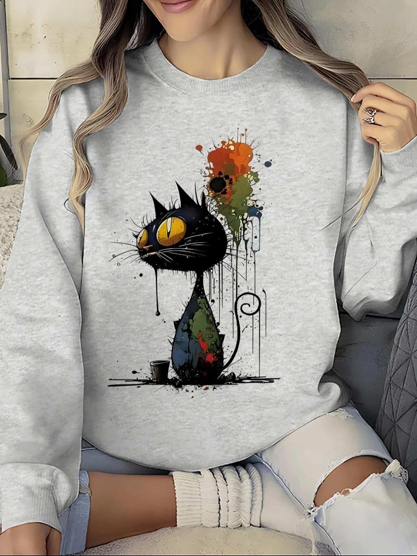 Women's Cartoon Cat Print Round Neck Pullover, Fashion Casual Crew Neck Sweatshirt for Daily Holiday Outdoor Wear, Women...