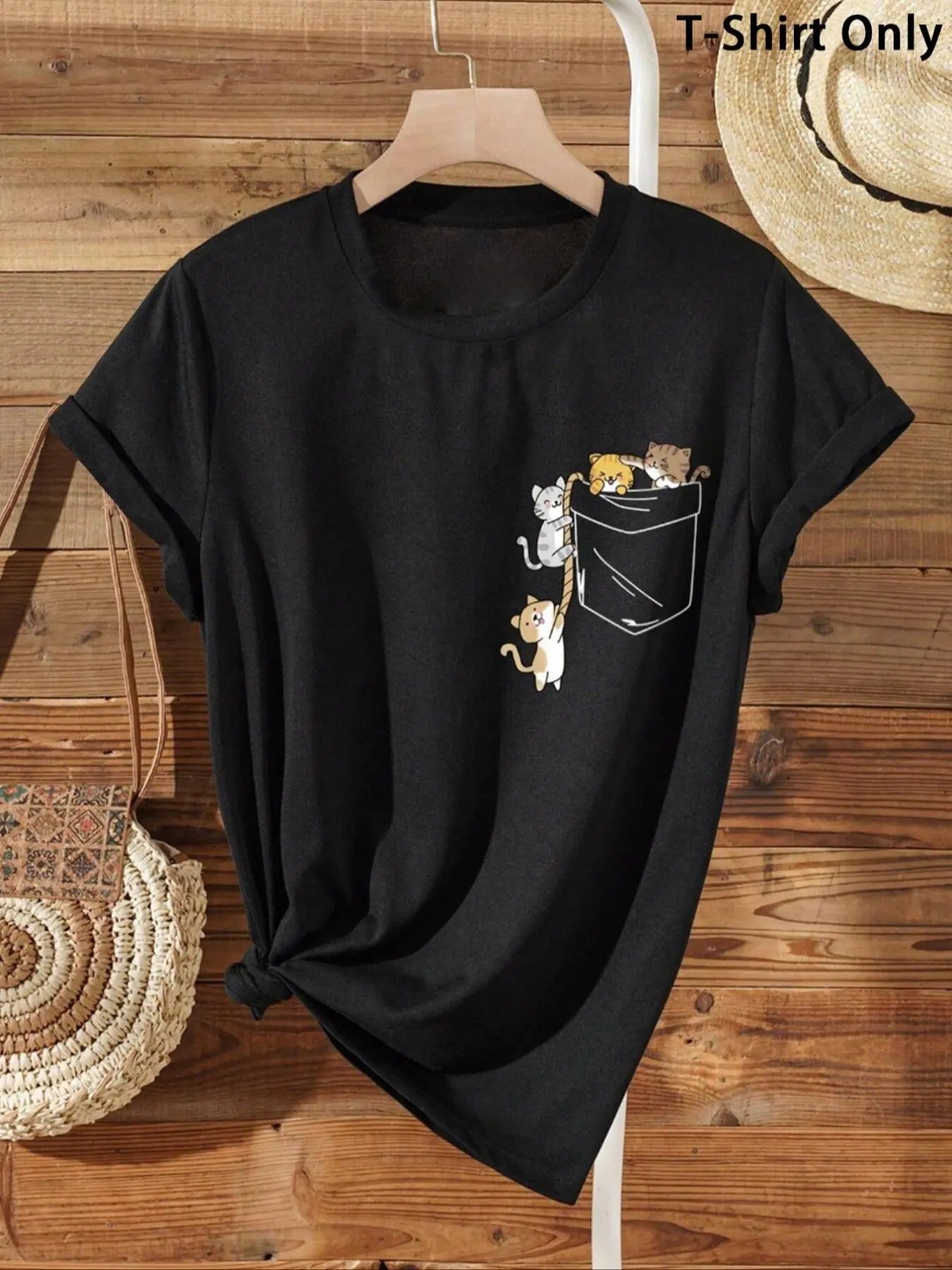 Women's Cartoon Cat Print Round Neck Tee, Casual Short Sleeve  T-shirt for Summer, Fashion Women's Top for Daily Wear...