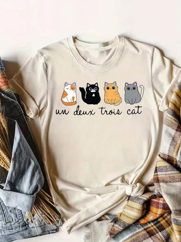 Women's Cartoon Cat Print Round Neck Tee, Casual Short Sleeve T-shirt for Daily Wear, Ladies Clothes for All Seasons...