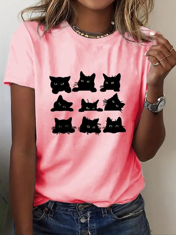 Women's Cartoon Cat Print Round Neck Tee, Fashion Casual Short Sleeve T-shirt for Daily Holiday Vacation Outdoor Wear,...