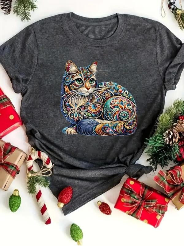 Women's Cartoon Cat Print Round Neck Tee, Fashion Casual Short Sleeve T-shirt, Ladies Summer Clothes for Daily Wear...