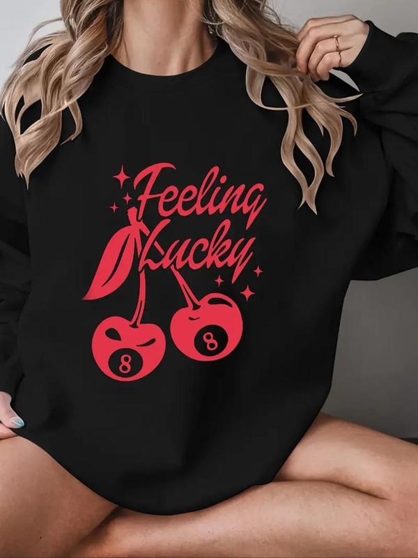 Women's Cartoon Cherry & Letter Print Drop Shoulder Sweatshirt, Casual Long Sleeve Round Neck Pullover for Fall & Winter,...