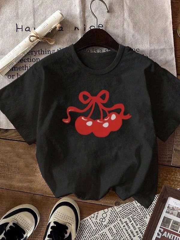 Women's Cartoon Cherry Print Round Neck Crop Tee, Fashion Casual Drop Shoulder Short Sleeve T-Shirt for Daily Wear,...