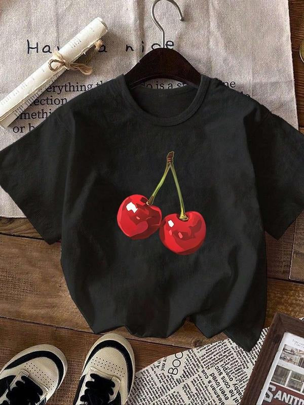 Women's Cartoon Cherry Print Round Neck Tee, Fashion Casual Short Sleeve T-shirt, Ladies Summer Clothes for Daily Wear...