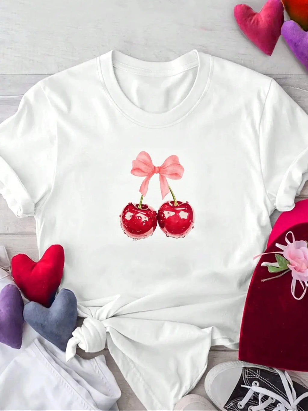 Women's Cartoon Cherry Print Round Neck Tee, Trendy Casual Short Sleeve T-shirt for Daily Wear, Ladies Summer Outfit...
