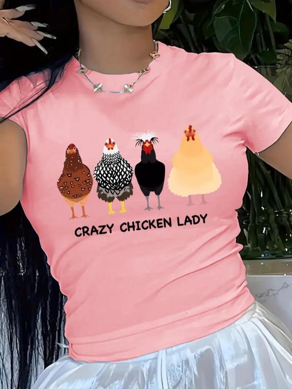 Women's Cartoon Chicken & Letter Print Round Neck Tee, Fashion Casual Crew Neck T-Shirt for Daily Holiday Vacation...