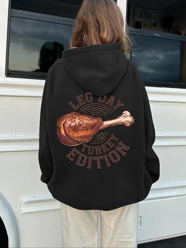 Women's Cartoon Chicken Leg & Letter Print Drop Shoulder Hoodie, Fashion Casual Drawstring Pocket Hooded Sweatshirt for...