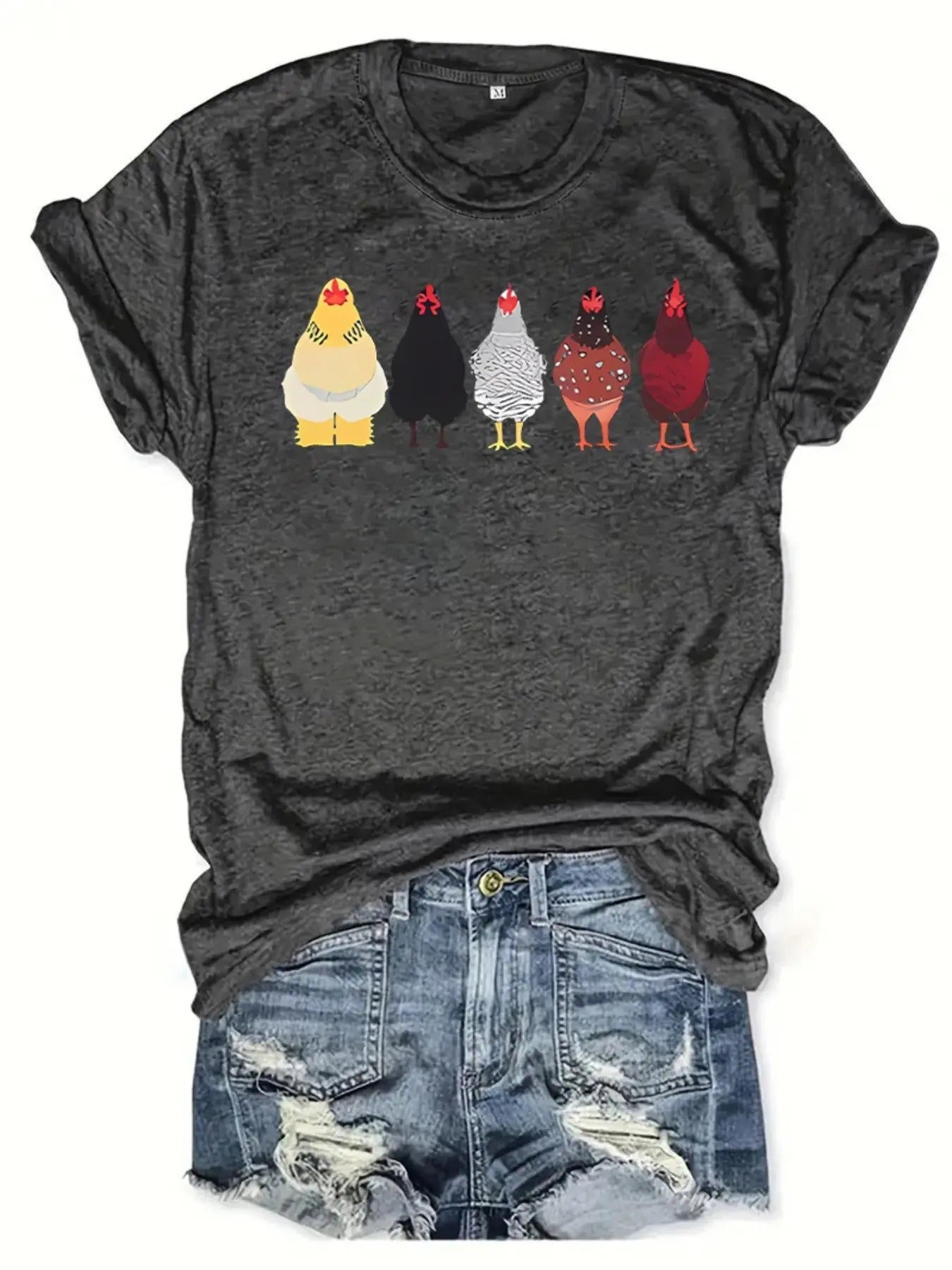 Women's Cartoon Chicken Print Round Neck Tee, Casual Short Sleeve Crew Neck T-shirt for All Seasons, Graphic Tees,...