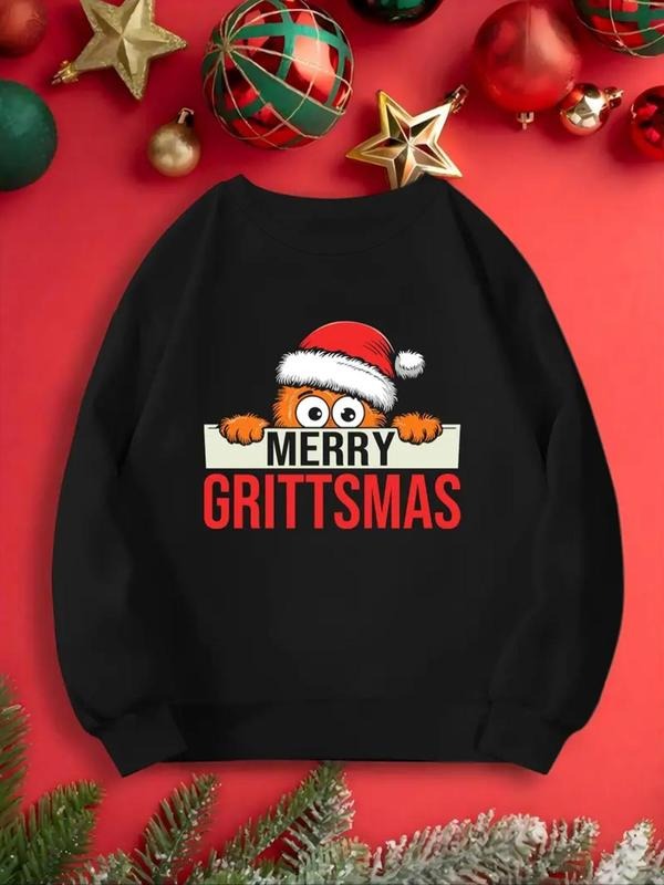 Women's Cartoon Christmas & Letter Print Round Neck Sweatshirt, Casual Long Sleeve Drop Shoulder Pullover for Daily Wear,...