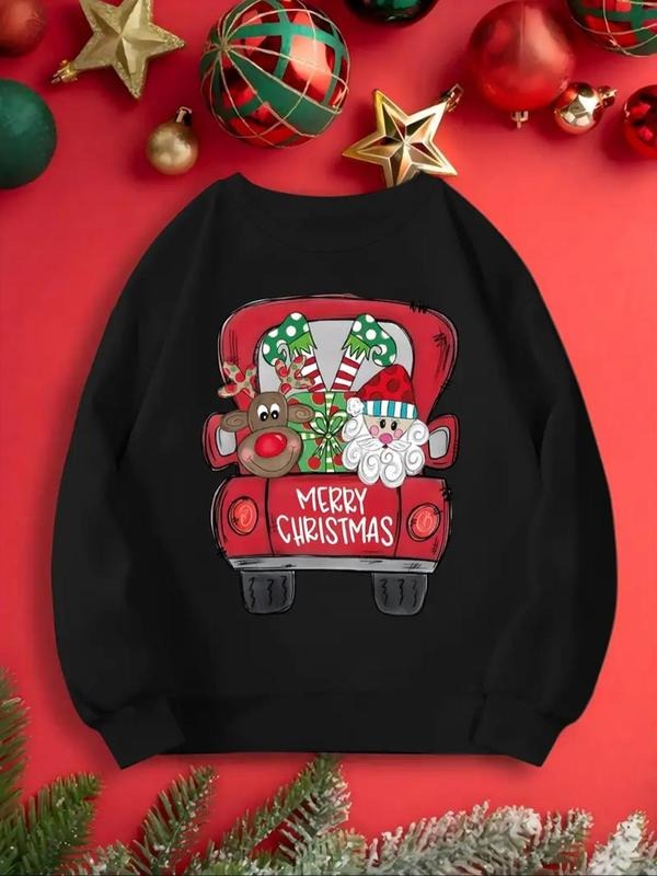Women's Cartoon Christmas Car & Letter Print Crew Neck Sweatshirt, Casual Long Sleeve Pullover for Fall & Winter, Women's...