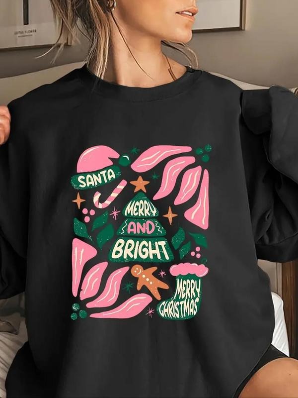 Women's Cartoon Christmas Print Drop Shoulder Sweatshirt, Casual Letter Print Long Sleeve Round Neck Pullover for Fall &...