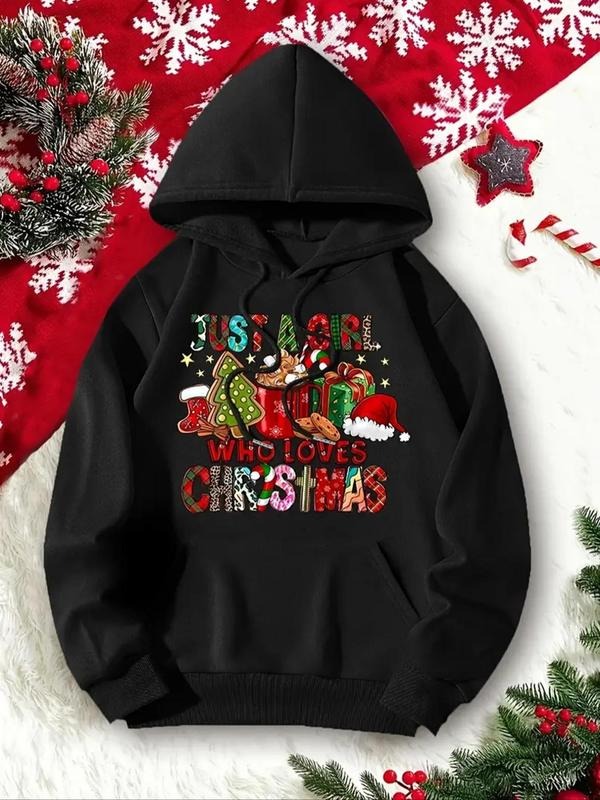 Women's Cartoon Christmas Print Thermal Lined Hoodie, Casual Long Sleeve Pullover Hooded Sweatshirt for Fall & Winter,...