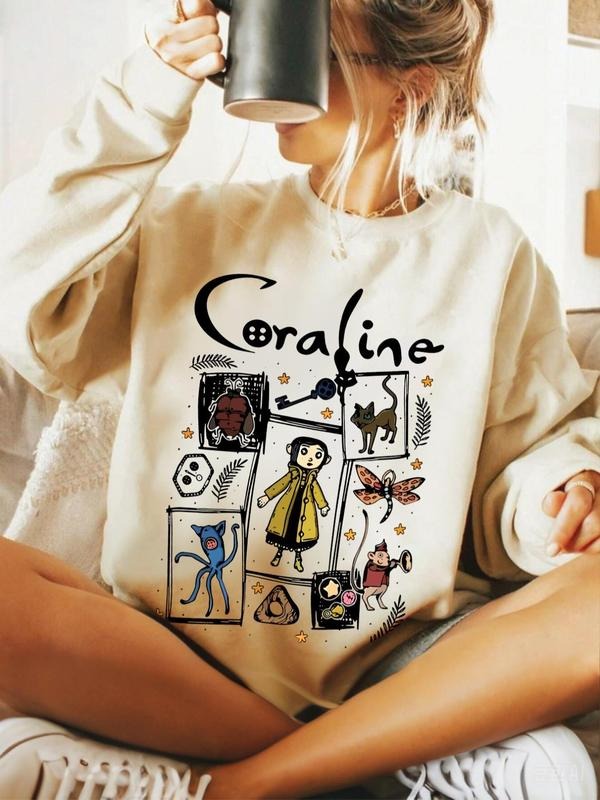 Women's Cartoon Coraline Graphic Print Crew Neck Sweatshirt, Loose-Fit Casual Long Sleeve Pullover, Fall & Winter Daily...
