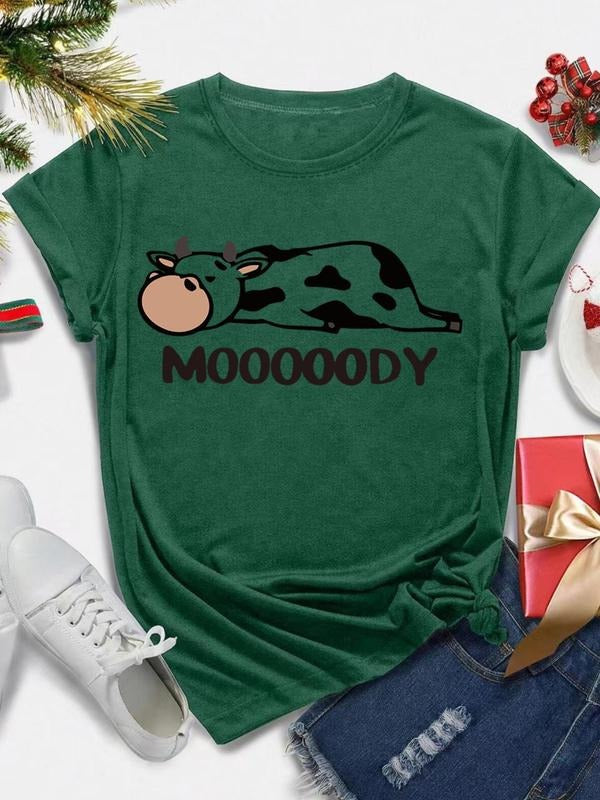Women's Cartoon Cow Print Round Neck Tee, Fashion Casual Short Sleeve T-shirt, Ladies Summer Clothes for Daily Wear...