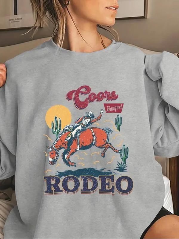 Women's Cartoon Cowboy & Letter Print Crew Neck Sweatshirt, Casual Drop Shoulder Long Sleeve Pullover, Women's Fall &...