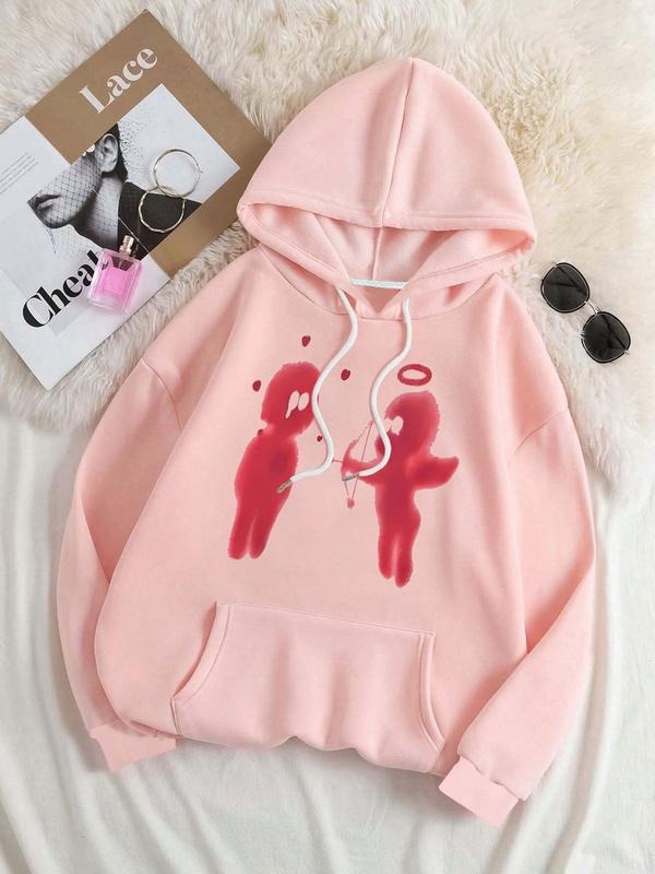 Women's Cartoon Cupid Print Drop Shoulder Hoodie, Fashion Casual Drawstring Pocket Hooded Sweatshirt for Daily Holiday...