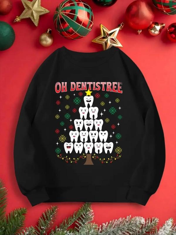 Women's Cartoon Dentistree Print Drop Shoulder Sweatshirt, Casual Letter Print Long Sleeve Round Neck Pullover for Daily...