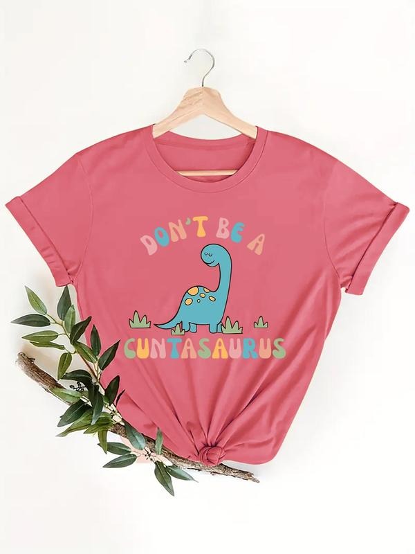 Women's Cartoon Dinosaur & Letter Print Round Neck Tee, Cute Crew Neck Short Sleeve T-Shirt for Daily Holiday Vacation...
