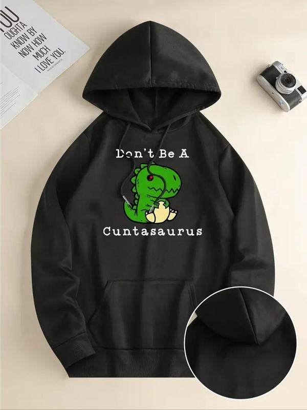 Women's Cartoon Dinosaur & Letter Print Thermal Lined Hoodie, Fashion Casual Drawstring Pocket Hooded Sweatshirt for...
