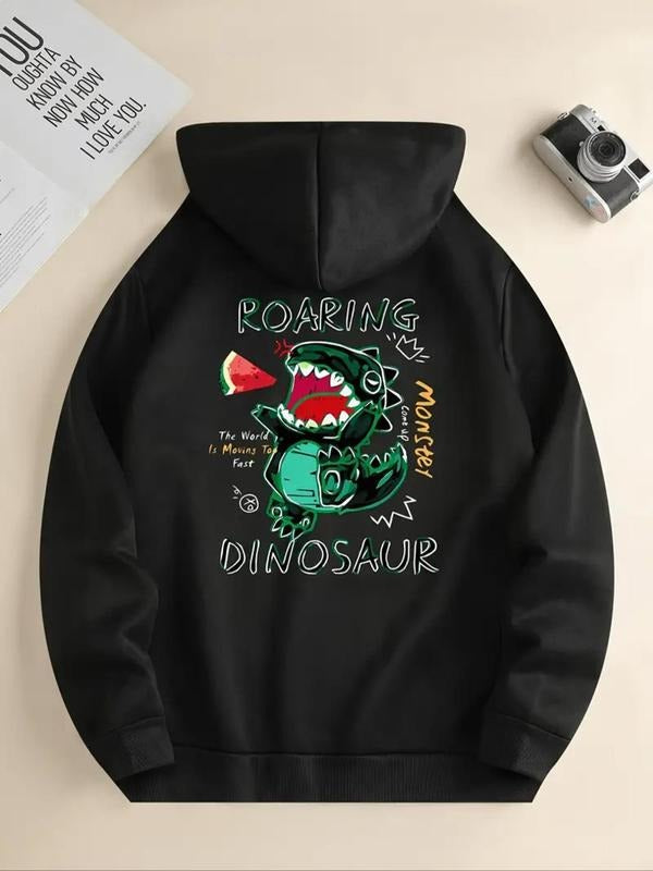 Women's Cartoon Dinosaur Graphic Print Drawstring Pocket Hoodie, Casual Drop Shoulder Long Sleeve Hooded Sweatshirt, Lady...