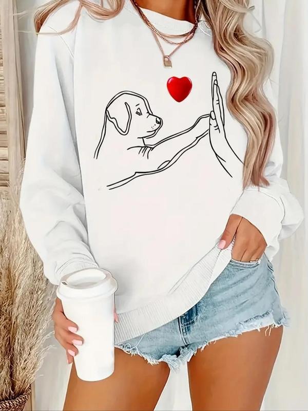 Women's Cartoon Dog & Heart Print Crew Neck Sweatshirt, Casual Drop Shoulder Long Sleeve Pullover, Women's Fall & Winter...