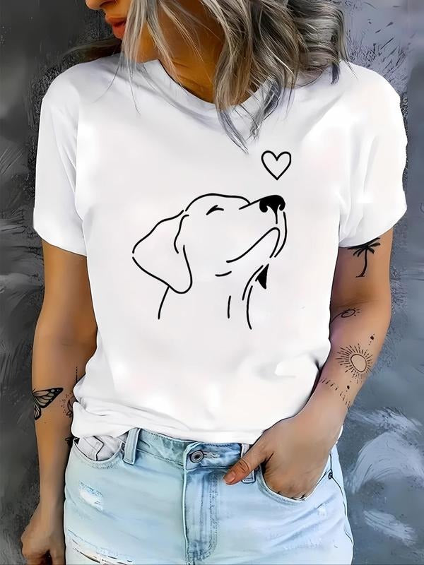Women's Cartoon Dog & Heart Print Round Neck Tee, Casual Short Sleeve Crew Neck T-Shirt for Fall & Winter, Fashion...