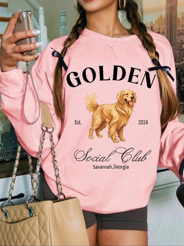 Women's Cartoon Dog & Letter Print Crew Neck Sweatshirt, Casual Drop Shoulder Long Sleeve Pullover, Women's Fall & Winter...