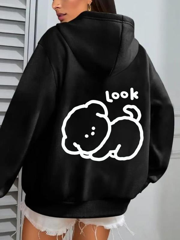 Women's Cartoon Dog & Letter Print Drawstring Pocket Hoodie, Casual Drop Shoulder Long Sleeve Hooded Sweatshirt, Lady...