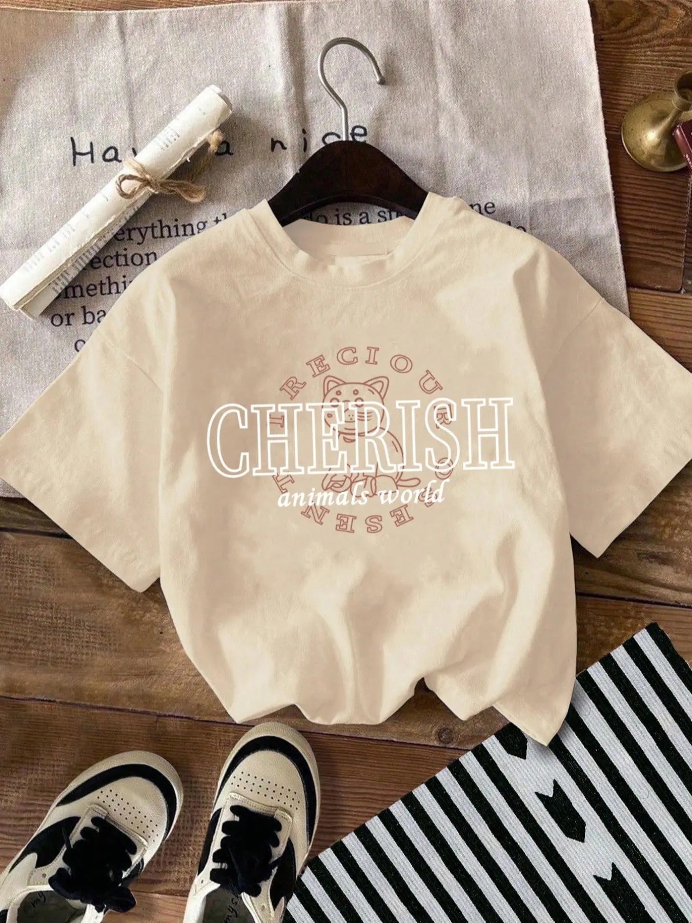 Women's Cartoon Dog & Letter Print Drop Shoulder Tee, Casual Short Sleeve Round Neck T-Shirt for Summer, Women's Top for...