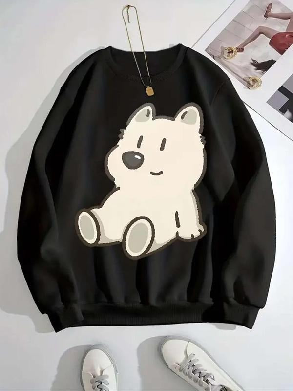 Women's Cartoon Dog Print Crew Neck Drop Shoulder Sweatshirt, Casual Long Sleeve Pullover for Fall & Winter, Women's...