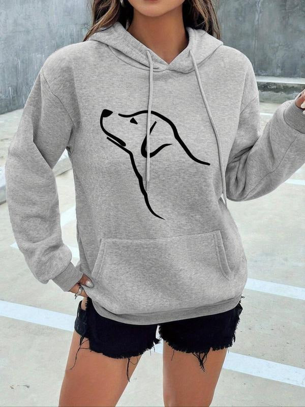Women's Cartoon Dog Print Drop Shoulder Thermal Lined Hoodie, Fashion Casual Drawstring Pocket Hooded Sweatshirt for...