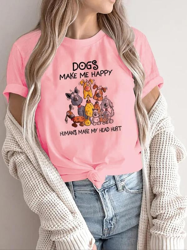 Women's Cartoon Dog Print Round Neck Tee, Casual Letter Print Short Sleeve T-shirt, Ladies Summer Outfit Hoodie, Sweatshirt