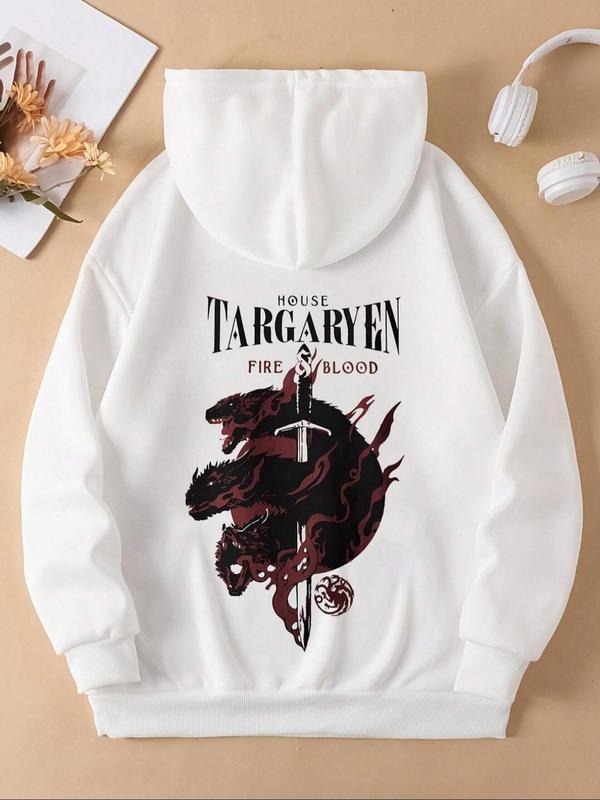 Women's Cartoon Dragon & Letter Print Drawstring Hoodie, Casual Long Sleeve Pocket Hooded Sweatshirt for Spring & Fall,...