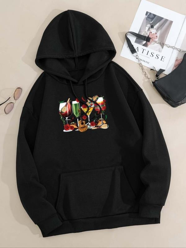 Women's Cartoon Drink Print Drop Shoulder Hoodie, Fashion Casual Drawstring Pocket Hooded Sweatshirt for Daily Holiday...