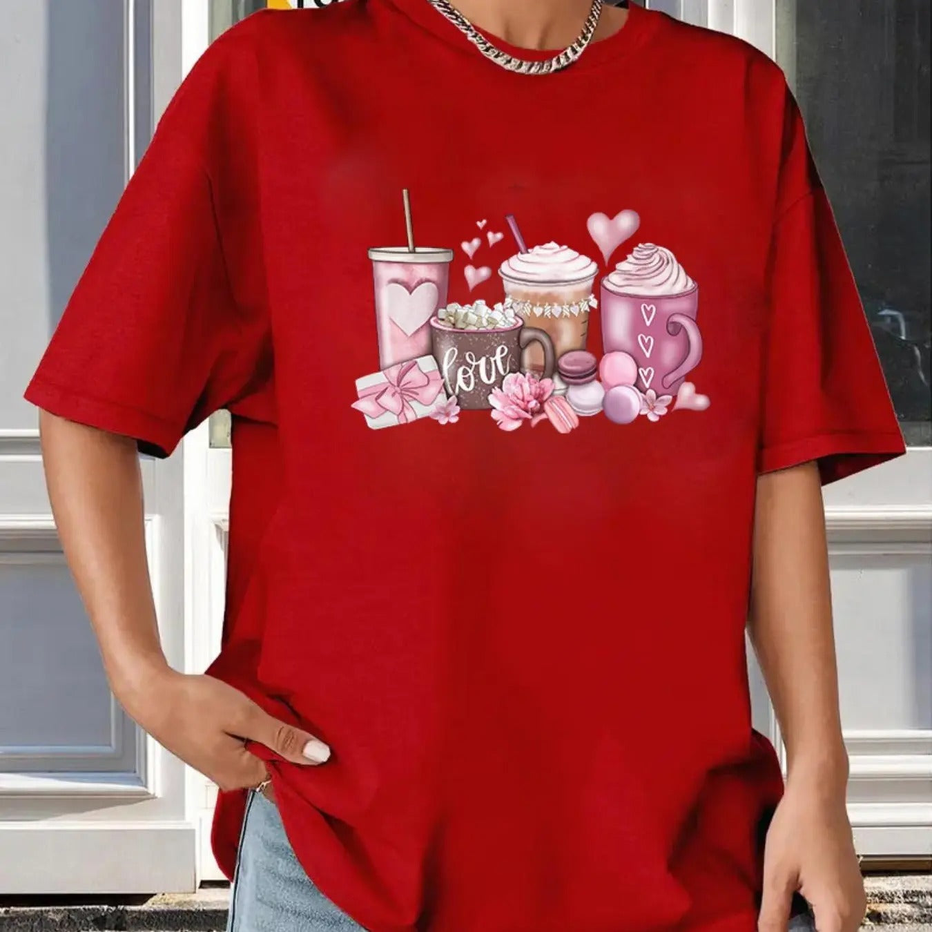 Women's Cartoon Drink Print Round Neck Tee, Fashion Casual Drop Shoulder Short Sleeve T-shirt, Ladies Summer Clothes for...