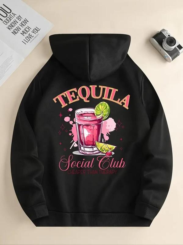 Women's Cartoon Drinks & Letter Print Drawstring Pocket Hoodie, Casual Long Sleeve Hooded Sweatshirt for Fall & Winter,...