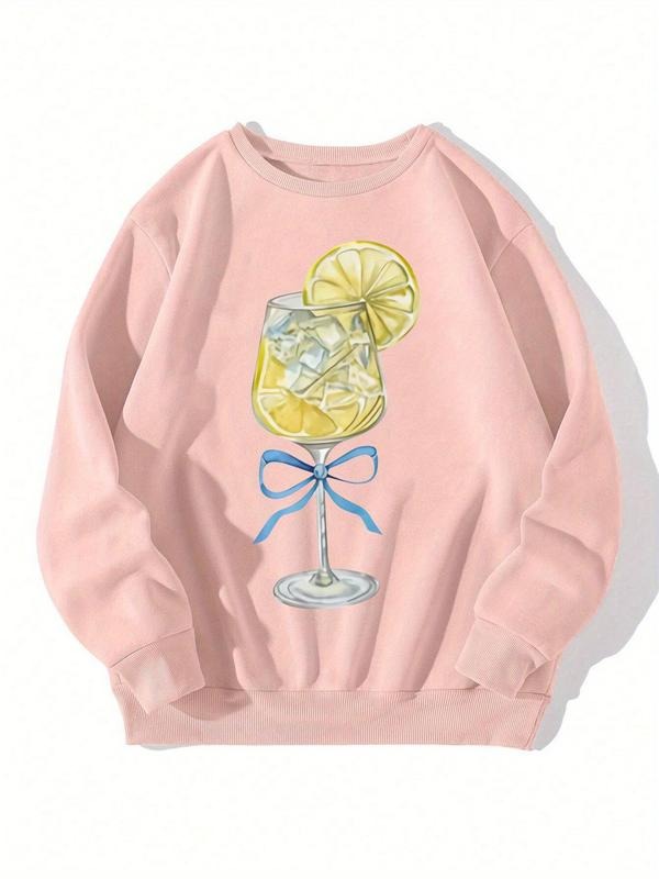 Women's Cartoon Drinks Print Crew Neck Sweatshirt, Casual Thermal Lined Long Sleeve Pullover, Women's Fall & Winter...