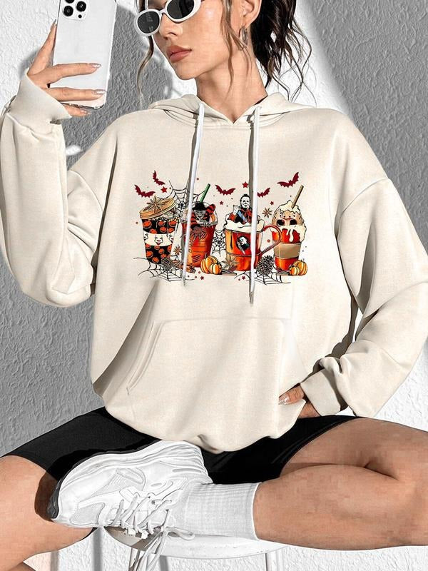 Women's Cartoon Drinks Print Drop Shoulder Hoodie, Fashion Casual Drawstring Pocket Hooded Sweatshirt for Daily Holiday...
