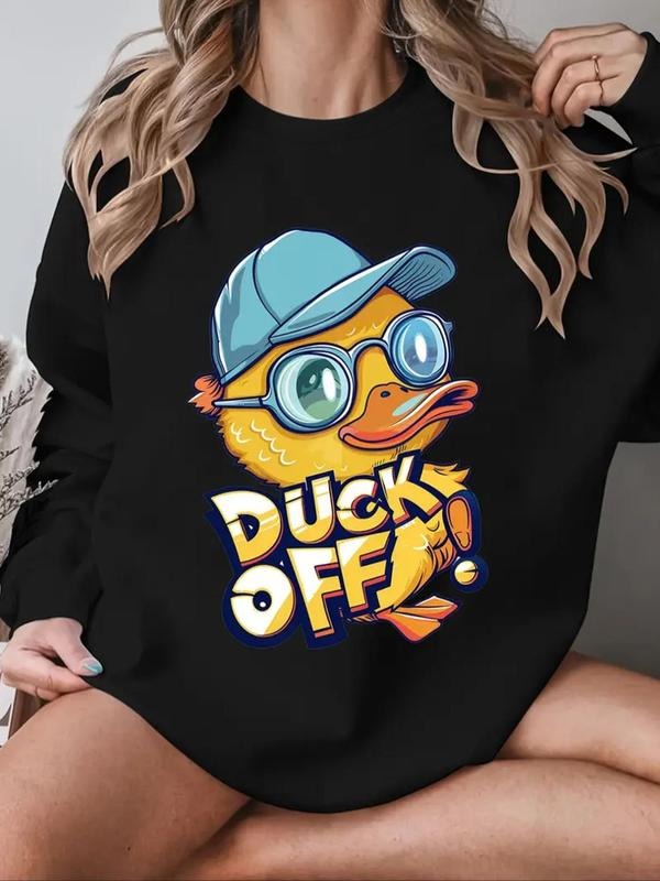 Women's Cartoon Duck & Letter Print Drop Shoulder Sweatshirt, Casual Long Sleeve Round Neck Pullover for Fall & Winter,...