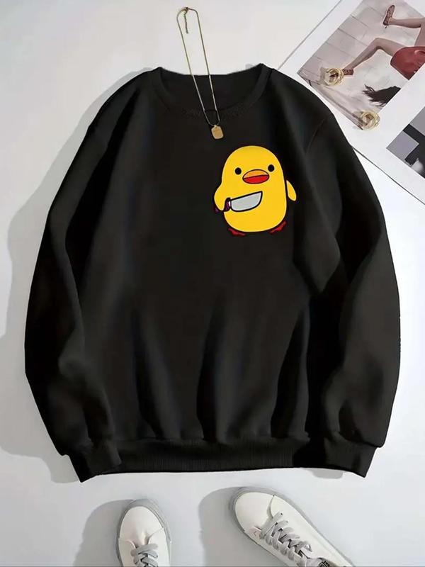 Women's Cartoon Duck Print Crew Neck Sweatshirt, Casual Long Sleeve Pullover for Daily Wear, Ladies Clothes for All...
