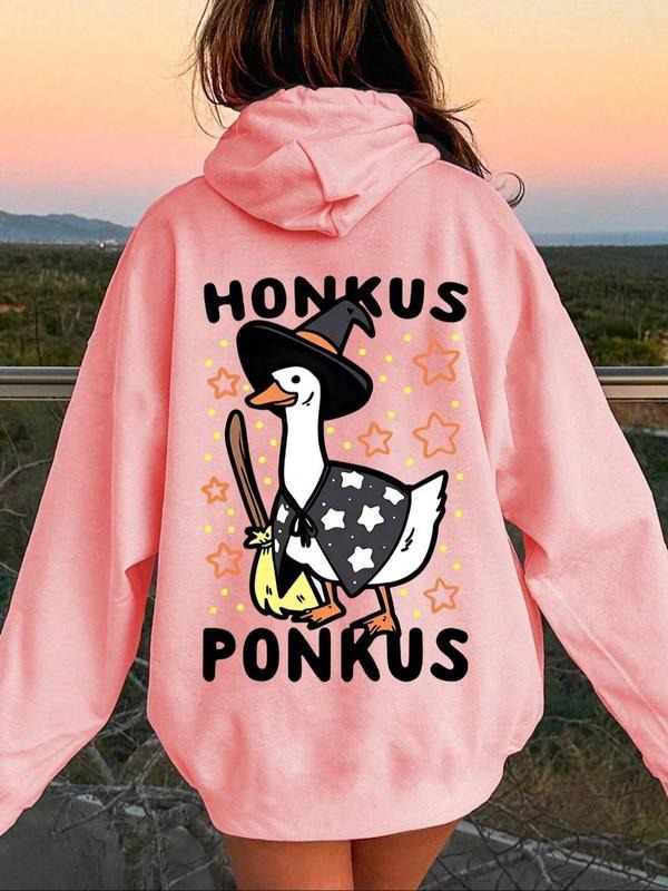 Women's Cartoon Duck Print Drop Shoulder Hoodie, Fashion Casual Drawstring Pocket Hooded Sweatshirt for Daily Holiday...