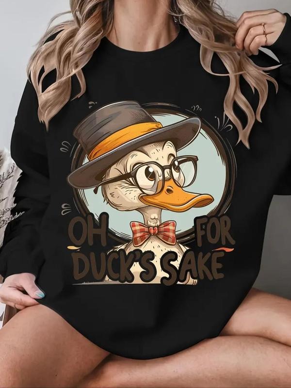 Women's Cartoon Duck Print Round Neck Sweatshirt, 1 Count Fashion Casual Crew Neck Long Sleeve Pullover for Daily,...